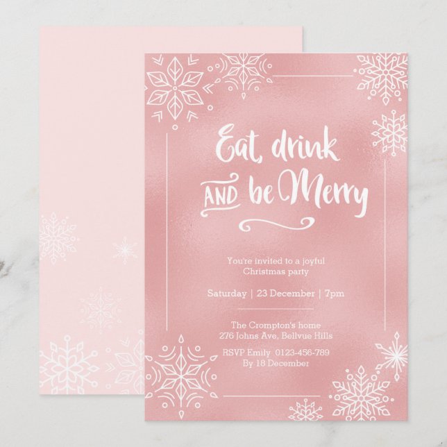 Rosa Schneeflocken Weihnachten Party Einladung (Vorne/Hinten)