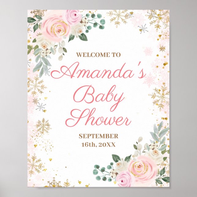 Rosa Schneeflocken Winter Baby Dusche Willkommen Poster (Vorne)