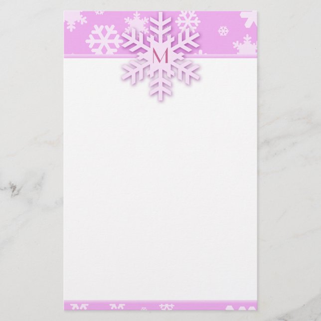 Rosa Schneeflockengrenze mit Mit Monogramm Schneef Briefpapier (Vorderseite)