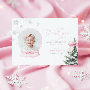 Rosa Schneekugel Winter Onederland Erster Geburtst Dankeskarte