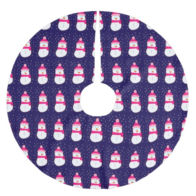 Rosa Schneemann mit Schneeflocken Polyester Weihnachtsbaumdecke (Vorderseite)