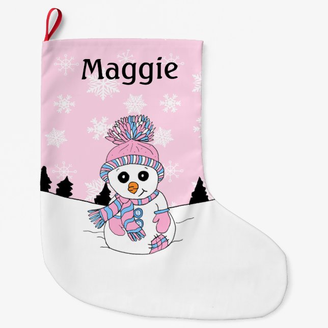 Rosa Schneemann und Schneeflocken Personalisiert Großer Weihnachtsstrumpf (Vorderseite)