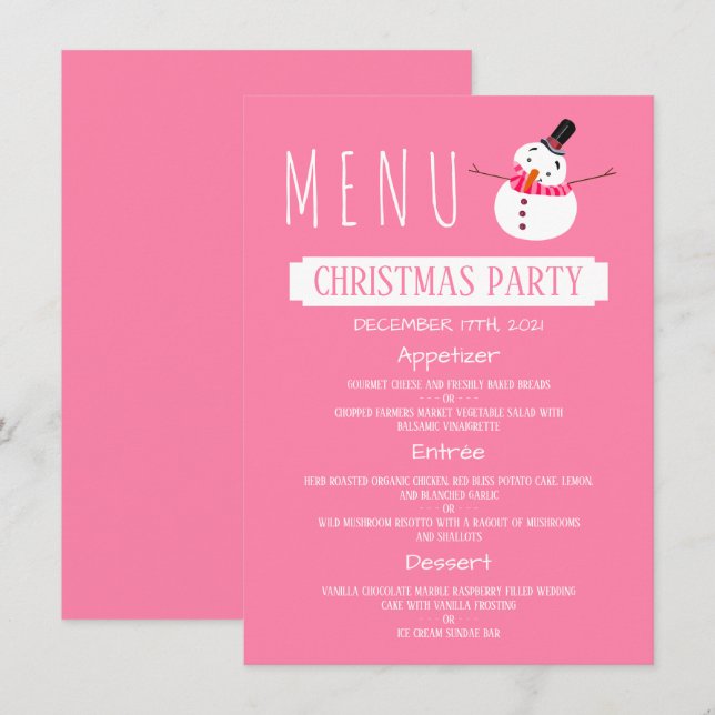Rosa Schneemann, Weihnachts-Party-Menü Einladung (Vorne/Hinten)