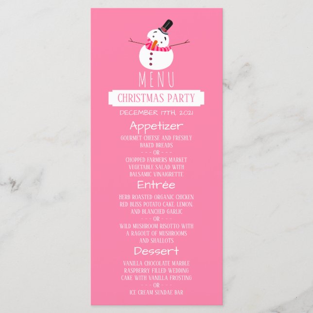 Rosa Schneemann, Weihnachts-Party-Menü Menükarte (Vorderseite)