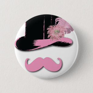 Rosa Schnurrbart, Spitzenhut, Federn und Blume Button