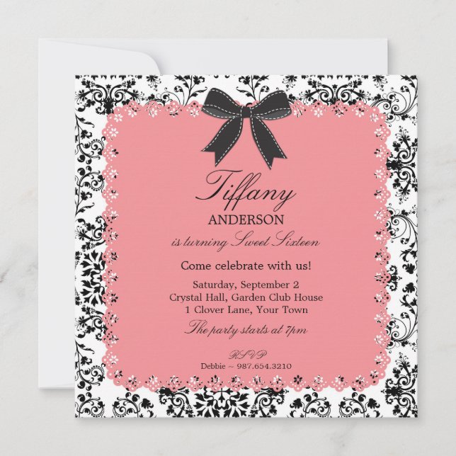 Rosa Schnürsenkel & BW Damask mit Bow Sweet 16 Einladung (Vorderseite)