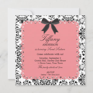 Rosa Schnürsenkel & BW Damask mit Bow Sweet 16 Einladung