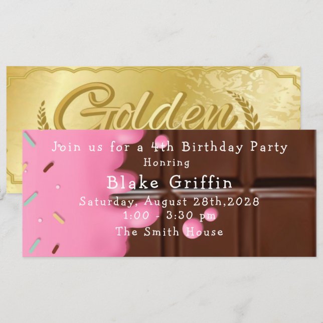 Rosa Schokolade Bar Golden Ticket Geburtstag Einladung (Vorne/Hinten)