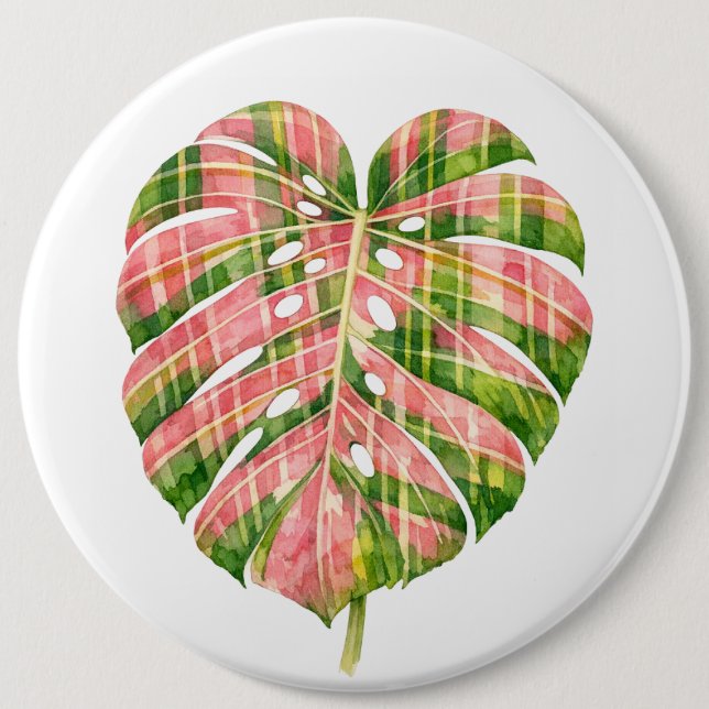 Rosa Schottenmuster Monstera Wasserfarbe Botanisch Button (Vorderseite)