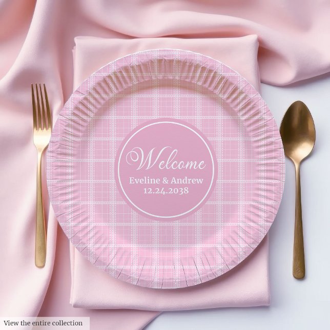 Rosa Schottenpapier-Teller Moderne Monogramm-Hochz Pappteller (Pink Tartan Paper Plates Modern Monogram Wedding)