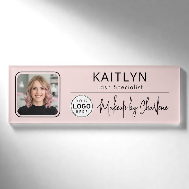 Rosa Schrift-Logo Foto Make-up Namenschild (Vorderseite)