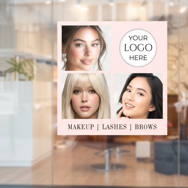 Rosa Schrift-Logo Foto Makeup Studio Fensteraufkleber (elegant blush pink makeup artist beauty salon window cling sign with 3 photos logo typography design)