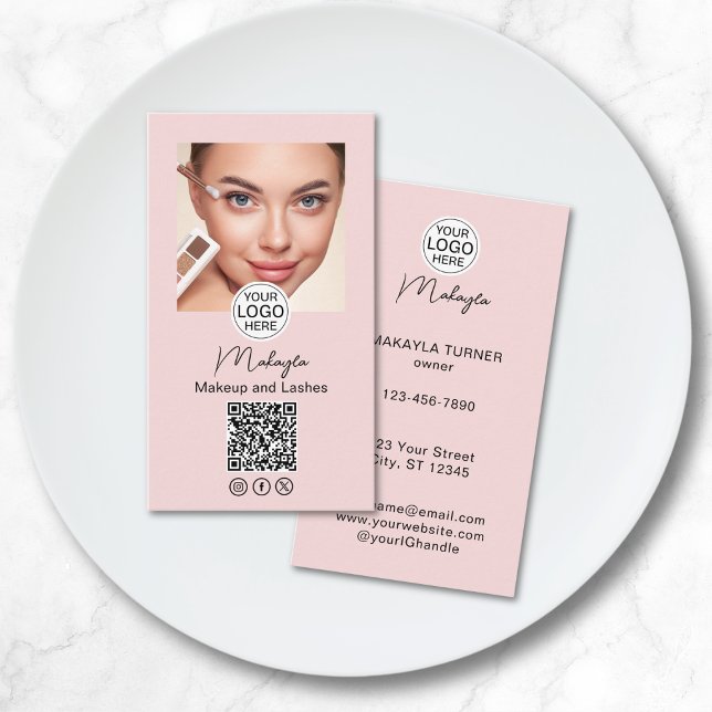 Rosa Schrift-Logo QR Code Foto Make-up Visitenkarte (Von Creator hochgeladen)