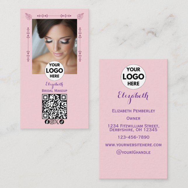 Rosa Schrift-Logo QR-Code Foto Make-up Visitenkarte (Vorne/Hinten)