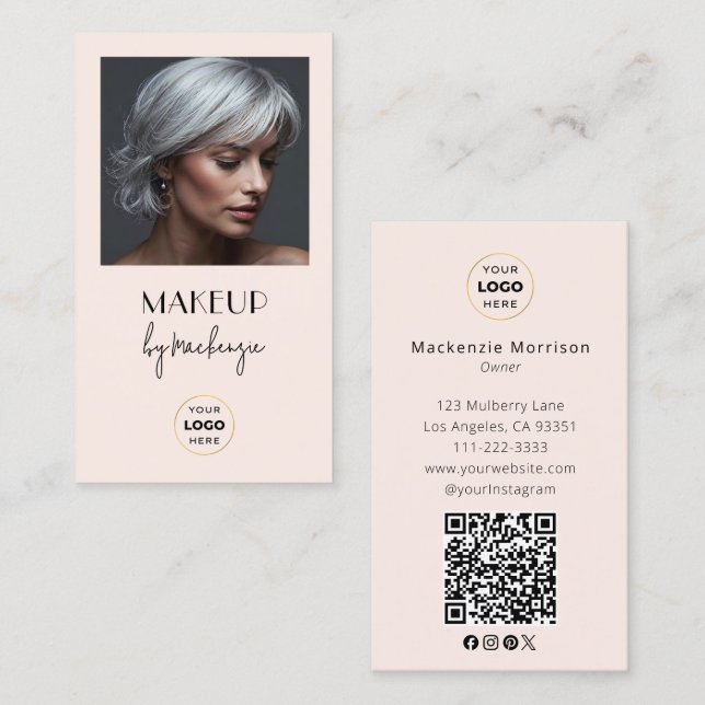 Rosa Schrift-Logo QR-Code Foto Make-up Visitenkarte (Vorne/Hinten)