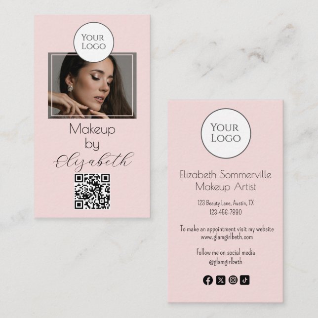 Rosa Schrift-Logo QR-Code Foto Make-up Visitenkarte (Vorne/Hinten)