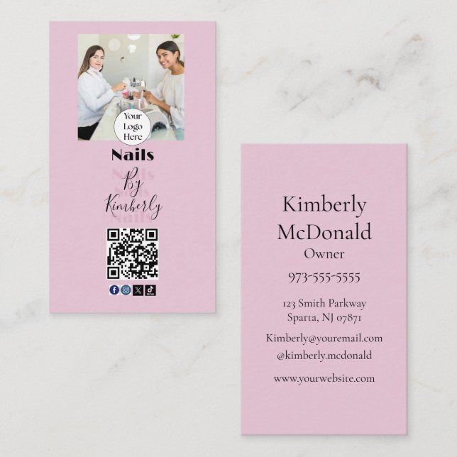 Rosa Schrift-Logo QR Code Foto Nagelstudio Visitenkarte (Vorne/Hinten)
