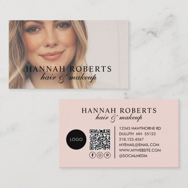 Rosa Schrift-Logo QR-Code Foto Visitenkarte (Vorne/Hinten)