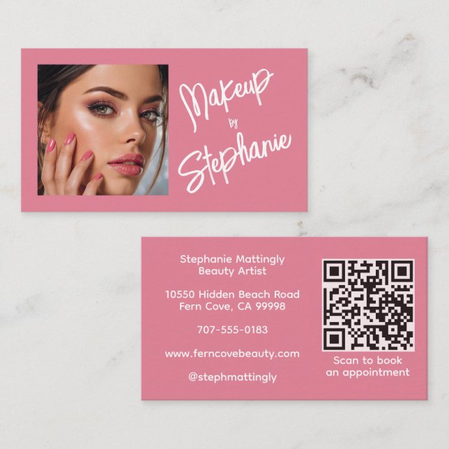Rosa Schrift QR-Code Foto Make-up Visitenkarte (Vorne/Hinten)