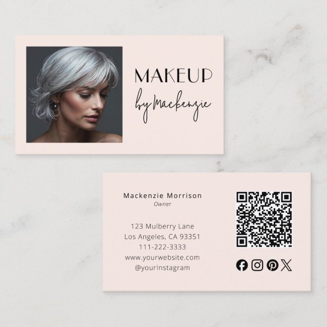 Rosa Schrift Soziales Icon QR-Code Foto Make-up Visitenkarte (Vorne/Hinten)