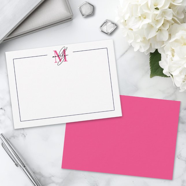 Rosa Schriftname Monogramm Mitteilungskarte (Pink Script Name Monogram Note Card )