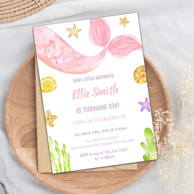 Rosa Schwanz Mermaid Geburtstag Einladungen (Pink Tail Mermaid Birthday Invitations)