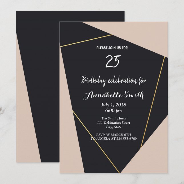 Rosa Schwarz & Gold geometrische Geburtstag Einladung (Vorne/Hinten)