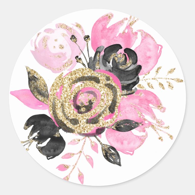 Rosa, schwarz, goldblütige Hochzeitsticker Runder Aufkleber (Vorderseite)