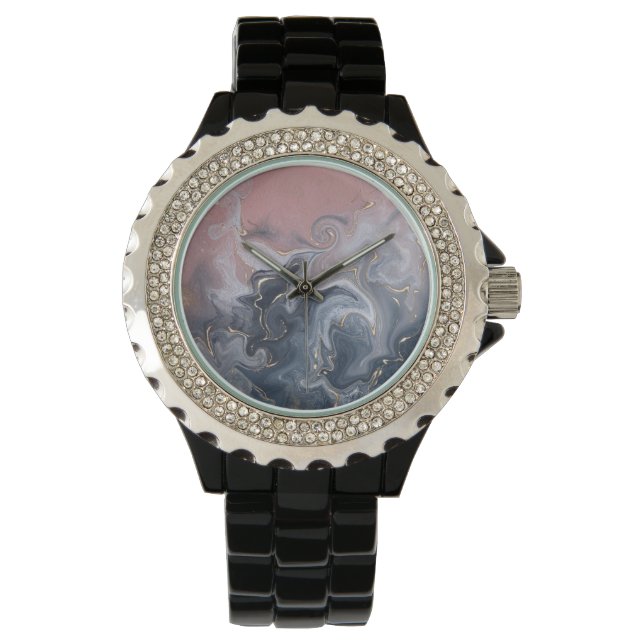 Rosa Schwarz Grau dekorativer Wasserfarbenmarmor Armbanduhr (Vorderseite)