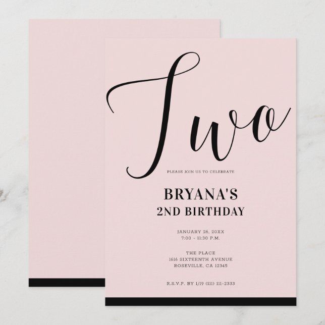 Rosa Schwarz Modernes Minimales Script ZWEI 2ND Ge Einladung (Vorne/Hinten)