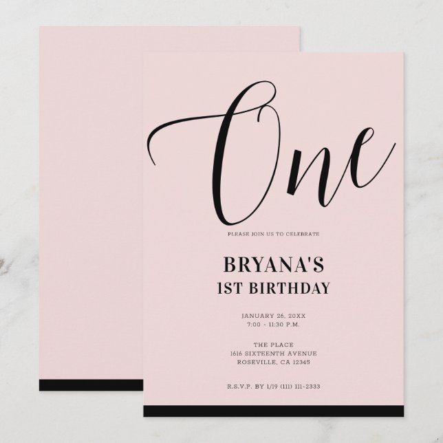 Rosa Schwarz Modernes Minimales Skript 1. Geburtst Einladung (Vorne/Hinten)