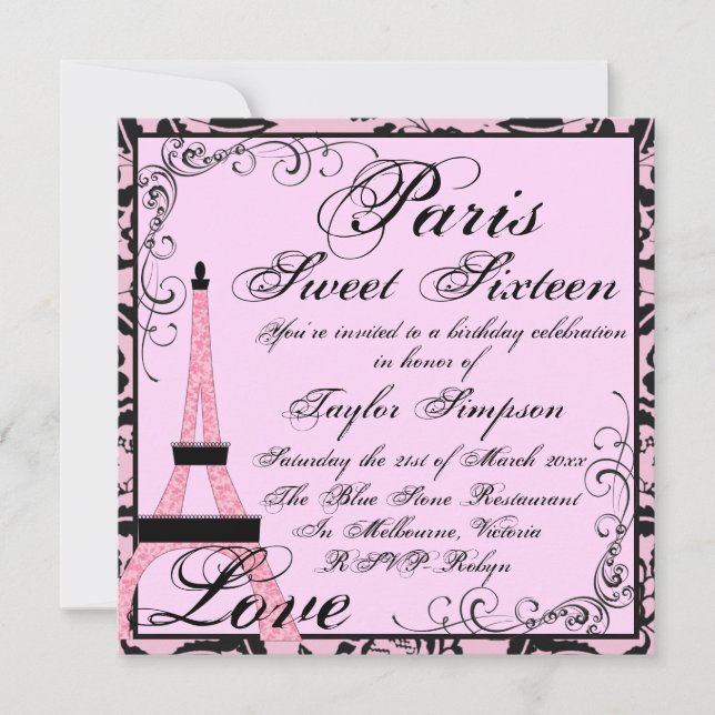 Rosa/Schwarz Paris Sweet16 Birthday Einladung (Vorderseite)