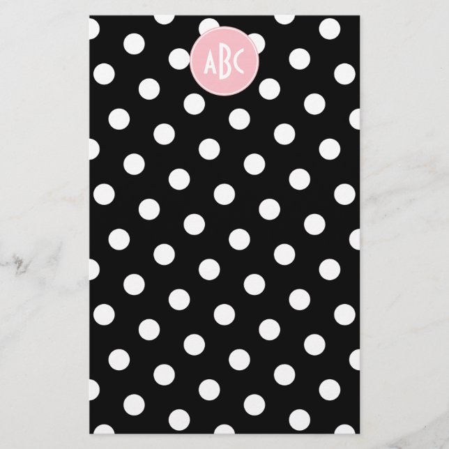 Rosa Schwarz-Polka-Dot-Monogramm Briefpapier (Vorderseite)