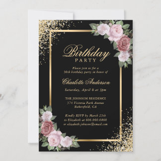 Rosa Schwarz Schwarzes Gold Floral Geburtstagspart Einladung