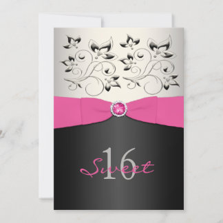 Rosa Schwarz Silber PRINTED Ribbon Sweet 16 Einlad Einladung