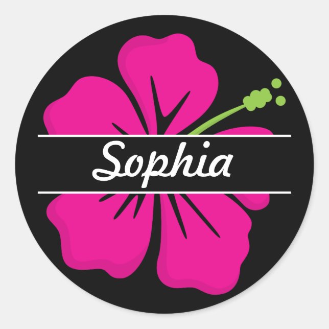 Rosa, schwarz-tropischer hawaiianischer Hibiskus B Runder Aufkleber (Vorderseite)