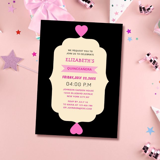 Rosa Schwarz und creme farbenfrohe Quinceañera Einladung (Von Creator hochgeladen)