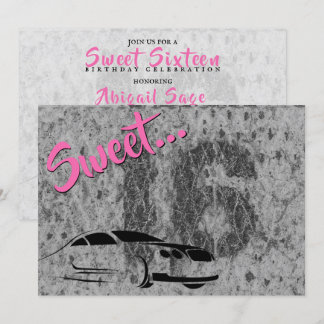 Rosa, Schwarz und Grunge mit Auto Sweet 16 Geburts Einladung