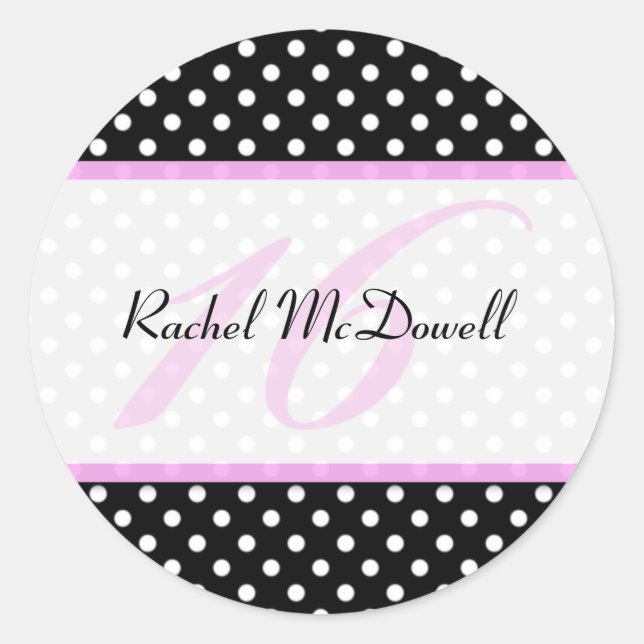 Rosa, schwarz und weißer Polka Dot Sweet 16 Sticke Runder Aufkleber (Vorderseite)