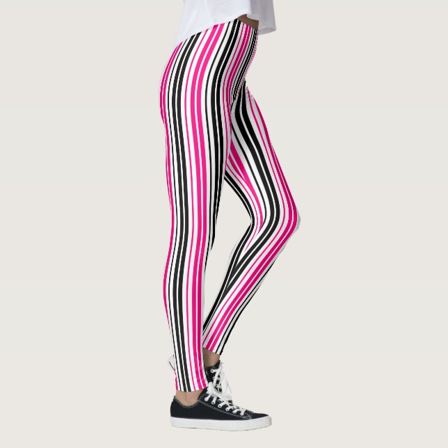 Rosa Schwarz Weiß Streifen Muster Design  Leggings (Rechts)