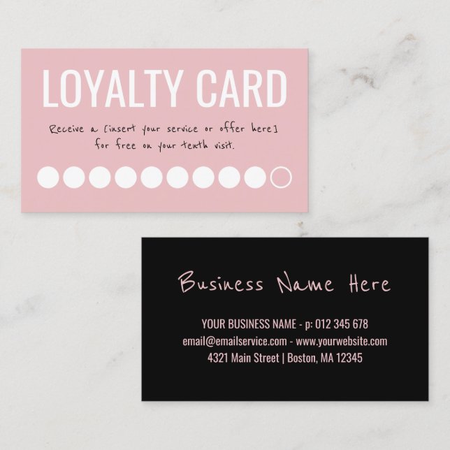 Rosa Schwarz-weiße 10 Besuche Loyalty Punch Card Treuekarte (Vorne/Hinten)
