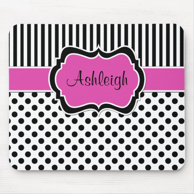 Rosa Schwarz-weiße gestreifte Polka-Punkte Mousepad (Vorne)