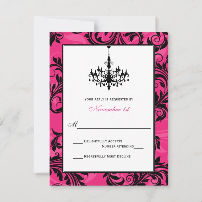 Rosa Schwarz-weiße Kronleuchter-Rollenkarte RSVP Karte (Vorderseite)