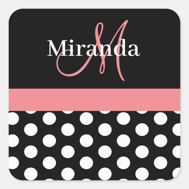 Rosa Schwarz-weiße Polka Dot Monogram Square Aufkl Quadratischer Aufkleber (Vorderseite)