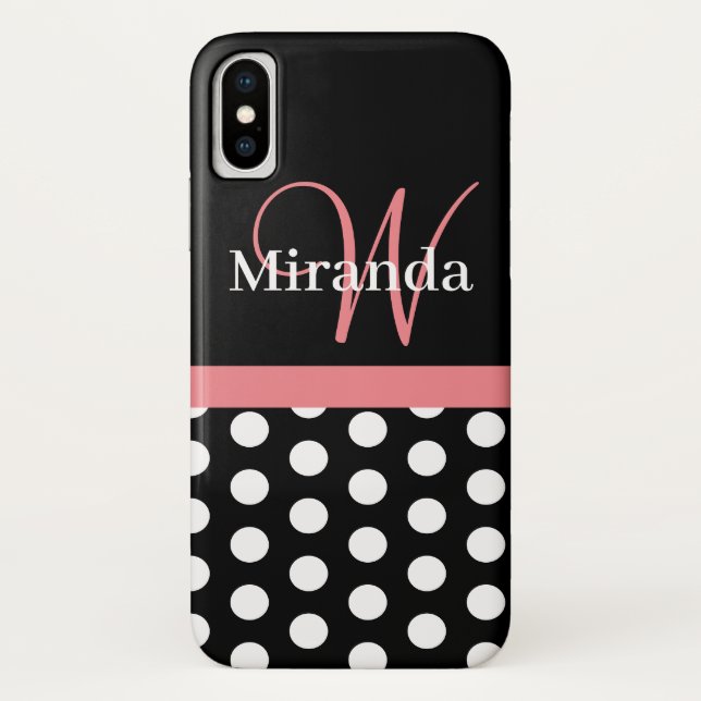 Rosa Schwarz-weiße Polka Dot Monogramm Case-Mate iPhone Hülle (Rückseite)