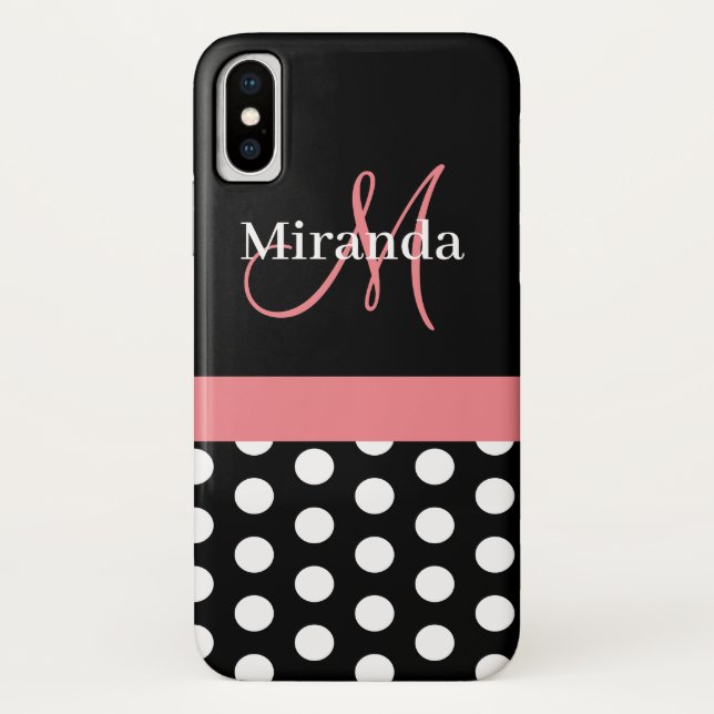 Rosa Schwarz-weiße Polka Dot Monogramm Case-Mate iPhone Hülle (Rückseite)