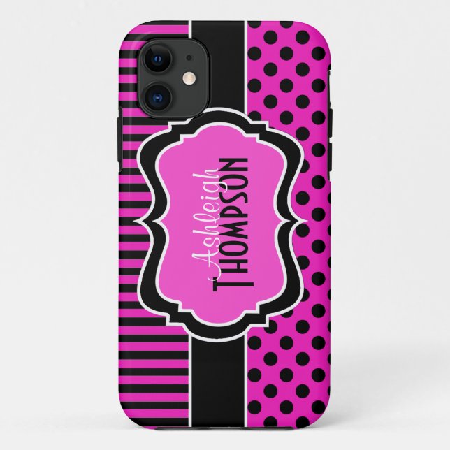 Rosa Schwarz-weißer gestreifter Polka-Punkte Case-Mate iPhone Hülle (Rückseite)