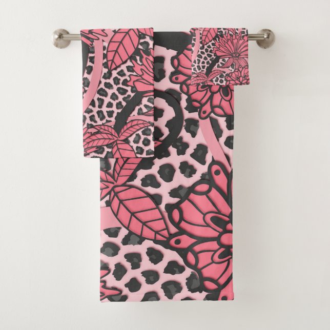 Rosa Schwarz-weißer mit Blumenleopard-Tierdruck Badhandtuch Set (Insitu)