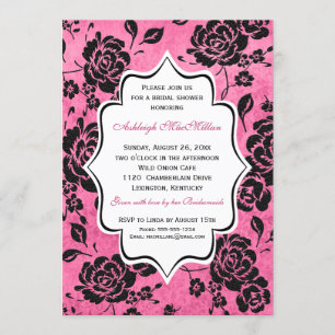 Rosa Schwarz-weißes Blumendamast-Brautparty Einladung
