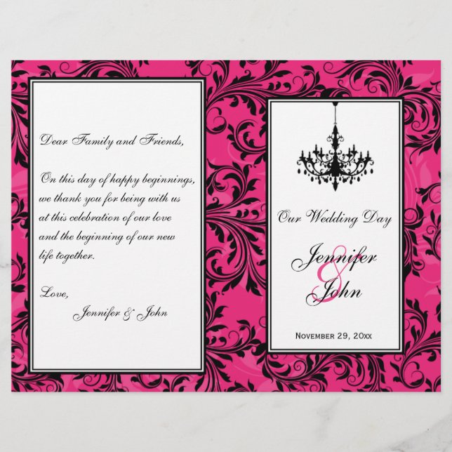Rosa Schwarz-weißes Cronier Scroll Wedding Program (Vorderseite)